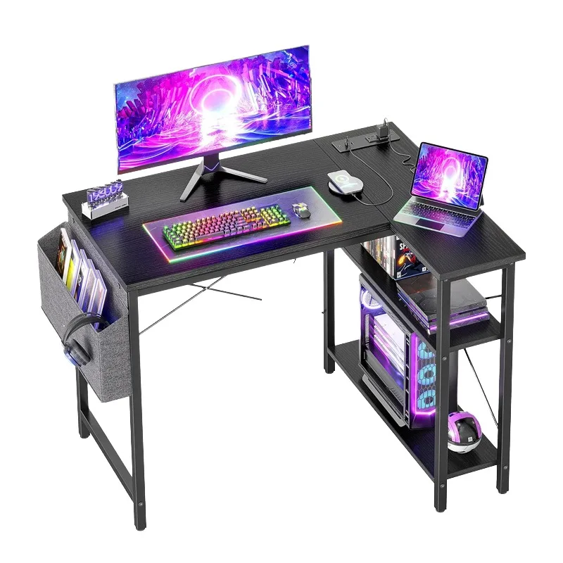 Open Storage Metal Wood Surface Convertible PC Gaming L-Shaped Corner Desk for Home Office Bedroom Monitor Stand Computer Table