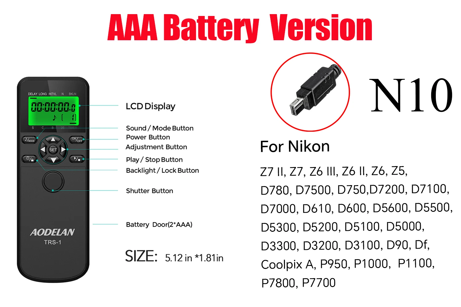 AODELAN Intervalometer Timer Afstandsbediening voor Nikon Z5II Z7II Z7 Z6 Z5 D750 D780 P1000 D7500 D7200 D5600 D5500 D5300 ZR Z5II