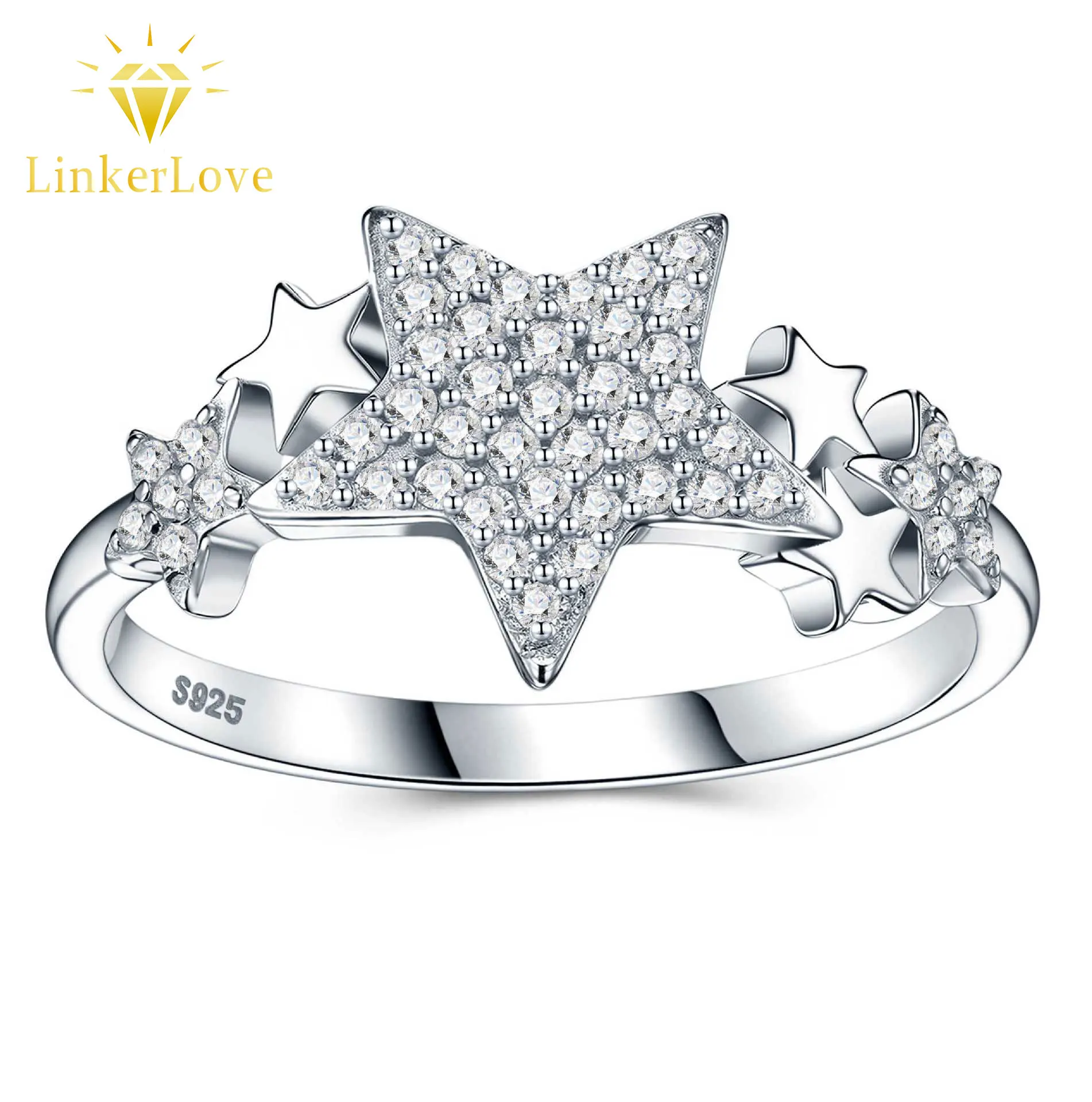 

LinkerLove S925 Sterling Silver Star Moissanite Ring White Gold Plated Diamond Wedding Band for Women Gift Party Fine Jewelry