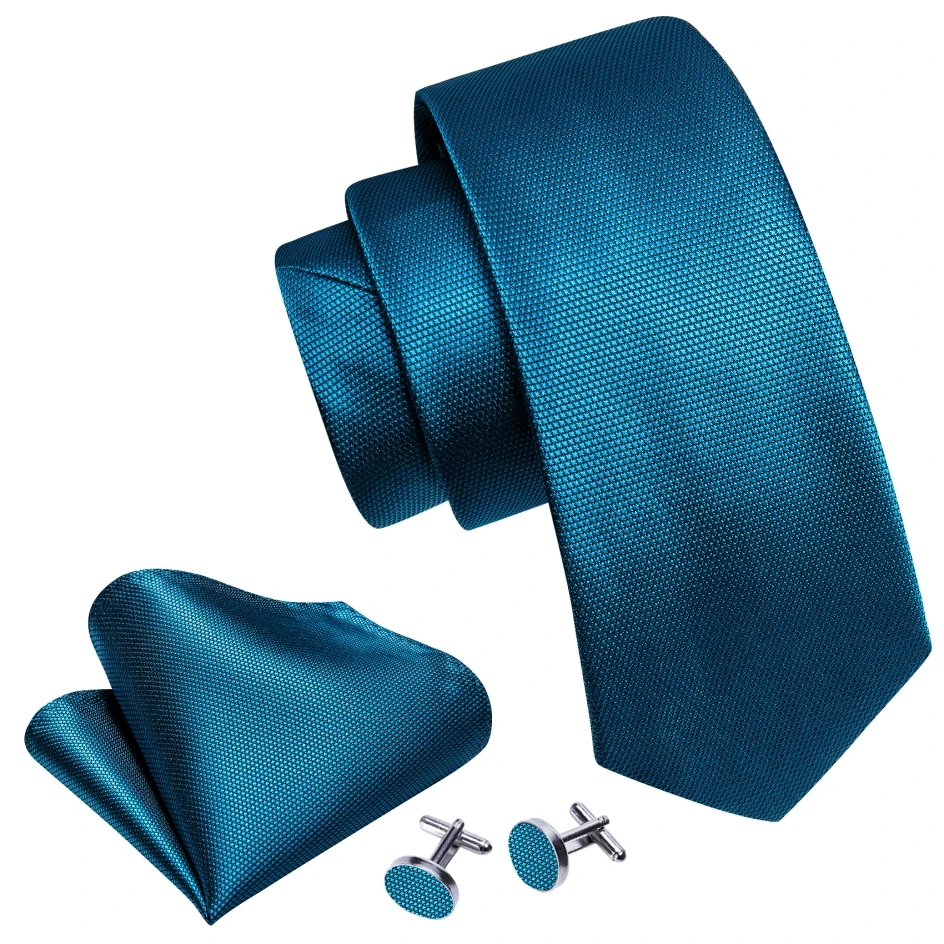 Noverlty Teal Necktie For Men Solid Luxury Brand Suit Pocket Square Cufflinks High Quality Tie Set Wedding Party