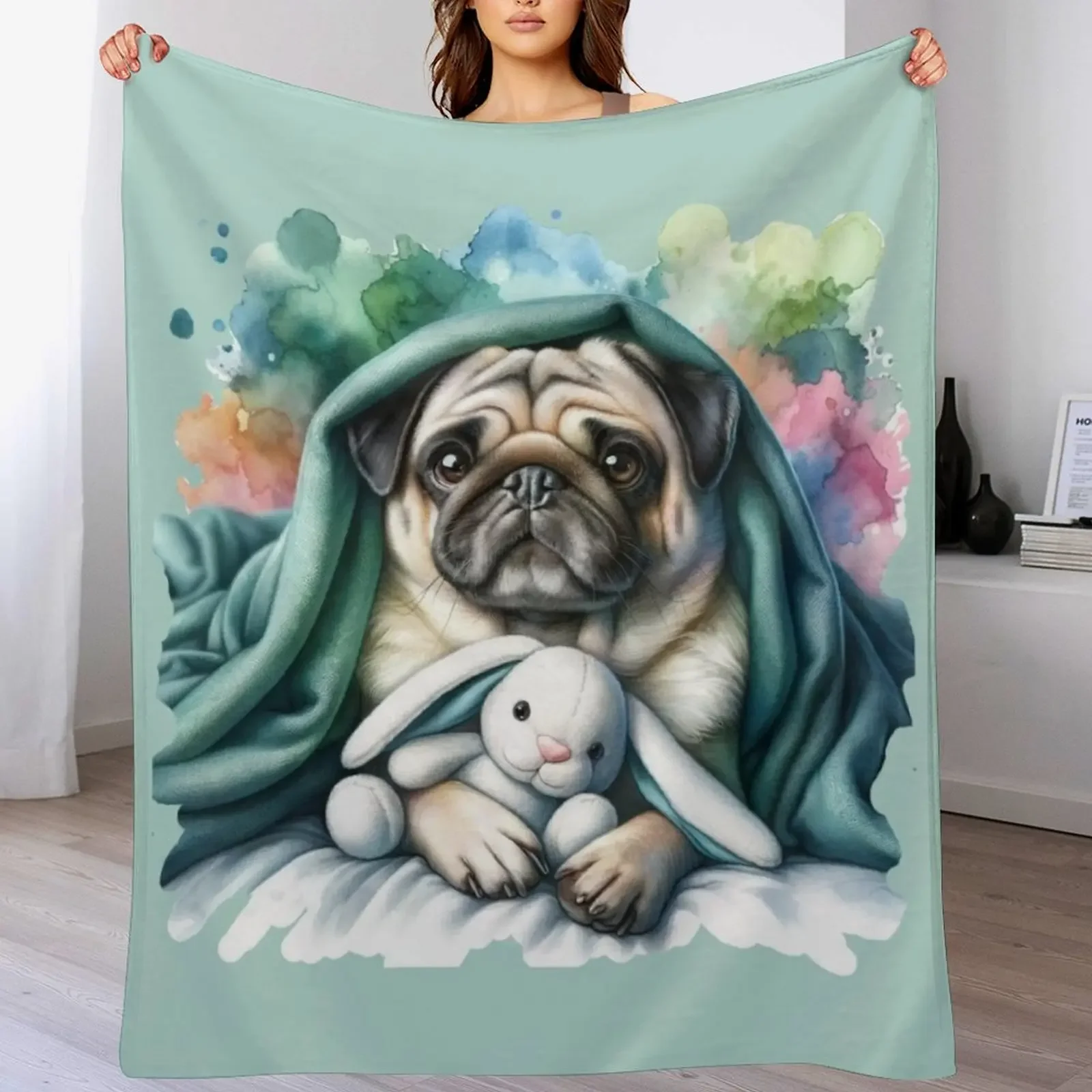 

Pug Hugging Stuffed Bunny Throw Blanket Soft Solid Color Blanket for Couch Bed