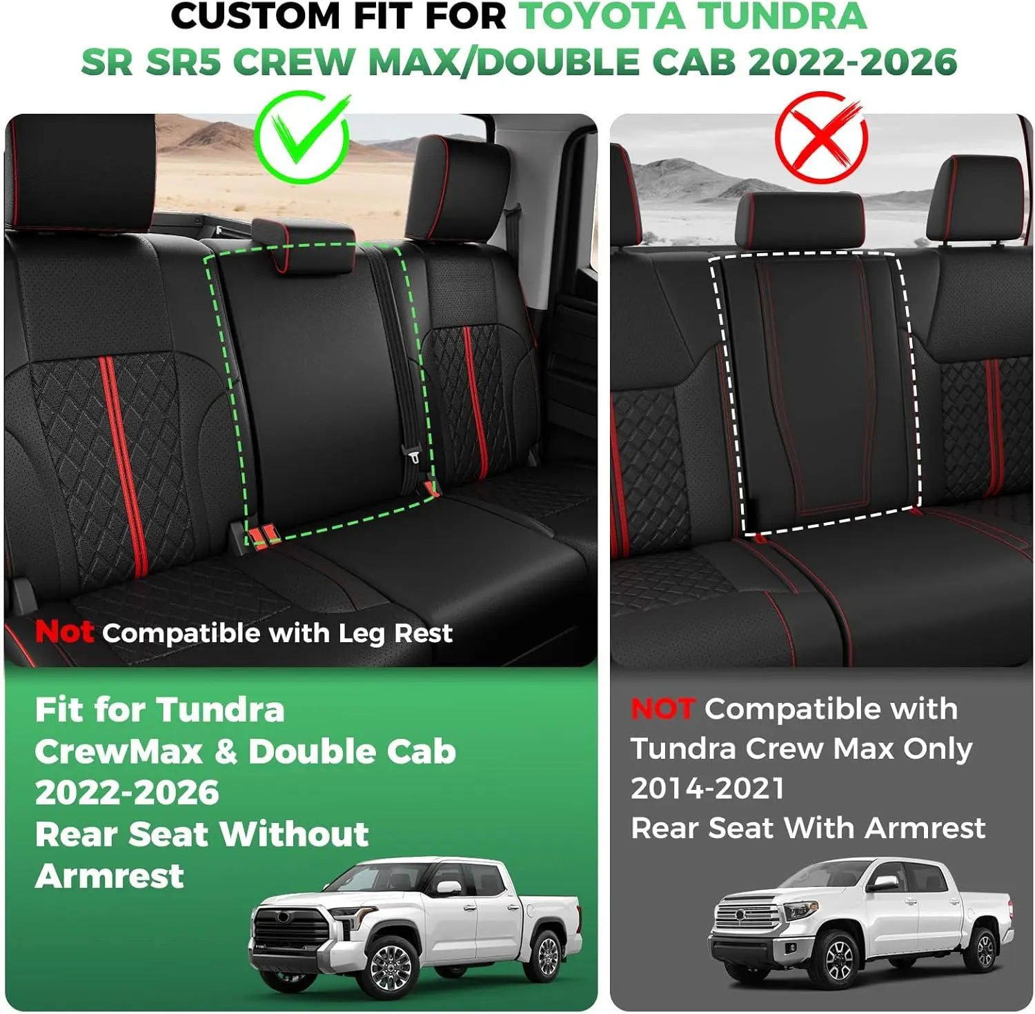 Toyota Tundra Interior Protection: Waterproof Custom - Fit Car Seat Covers in Black Red for 2022 - 2026 Crew Max Double Cab