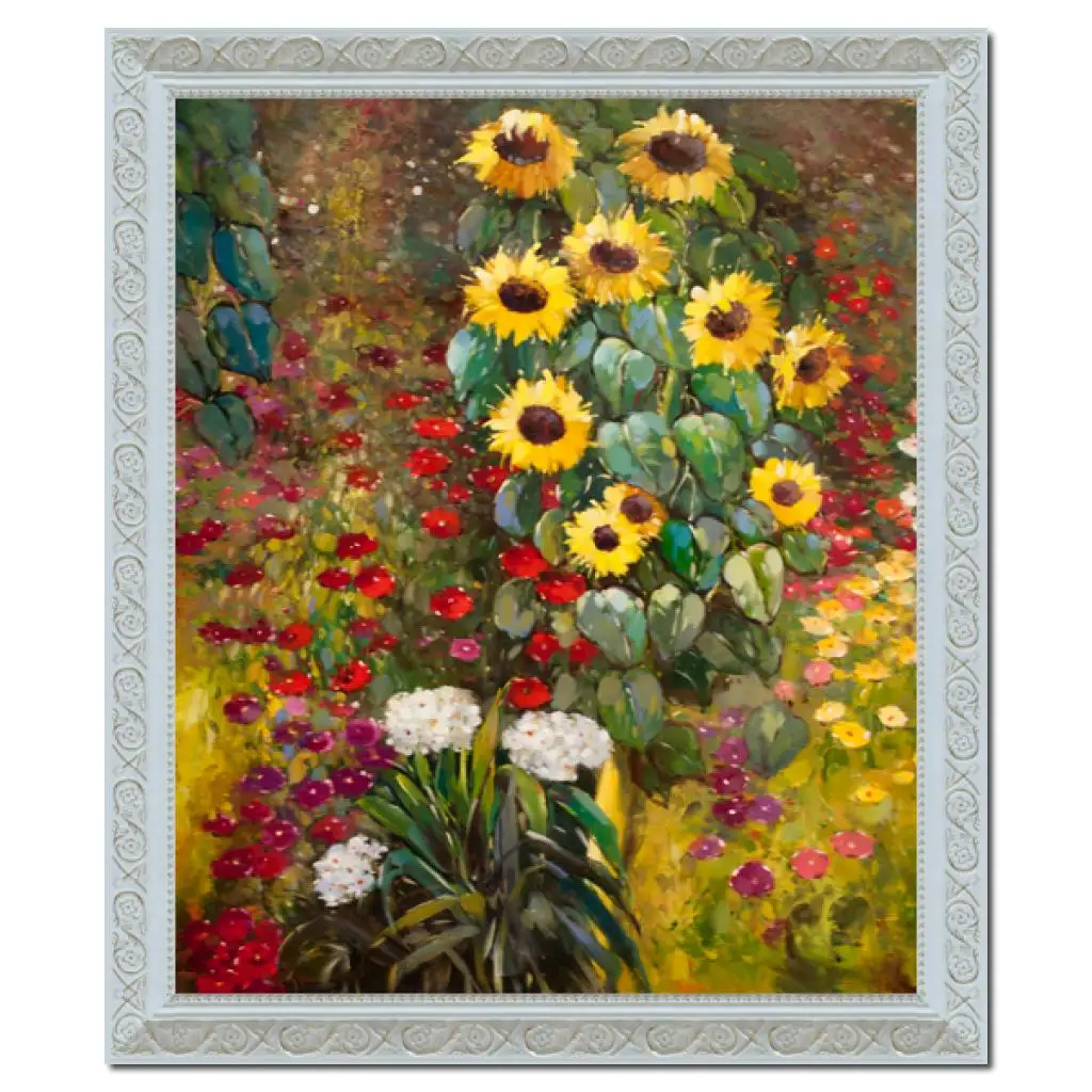 

Flower Canvas Art Farm Garden with Sunflowers Gustav Klimt Painting Handmade Modern Still Life Artwork Wooden Frames Home Decor