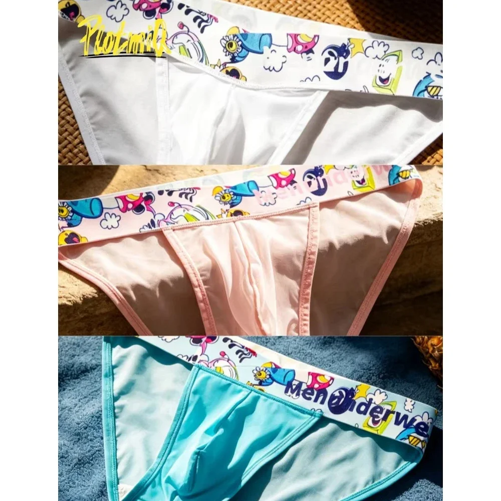 3PCS Men Briefs Sheer Mesh Cartoon Print Lightweight Wide Waistband 3D U Pouch Low Rise Multi Color Asian Size