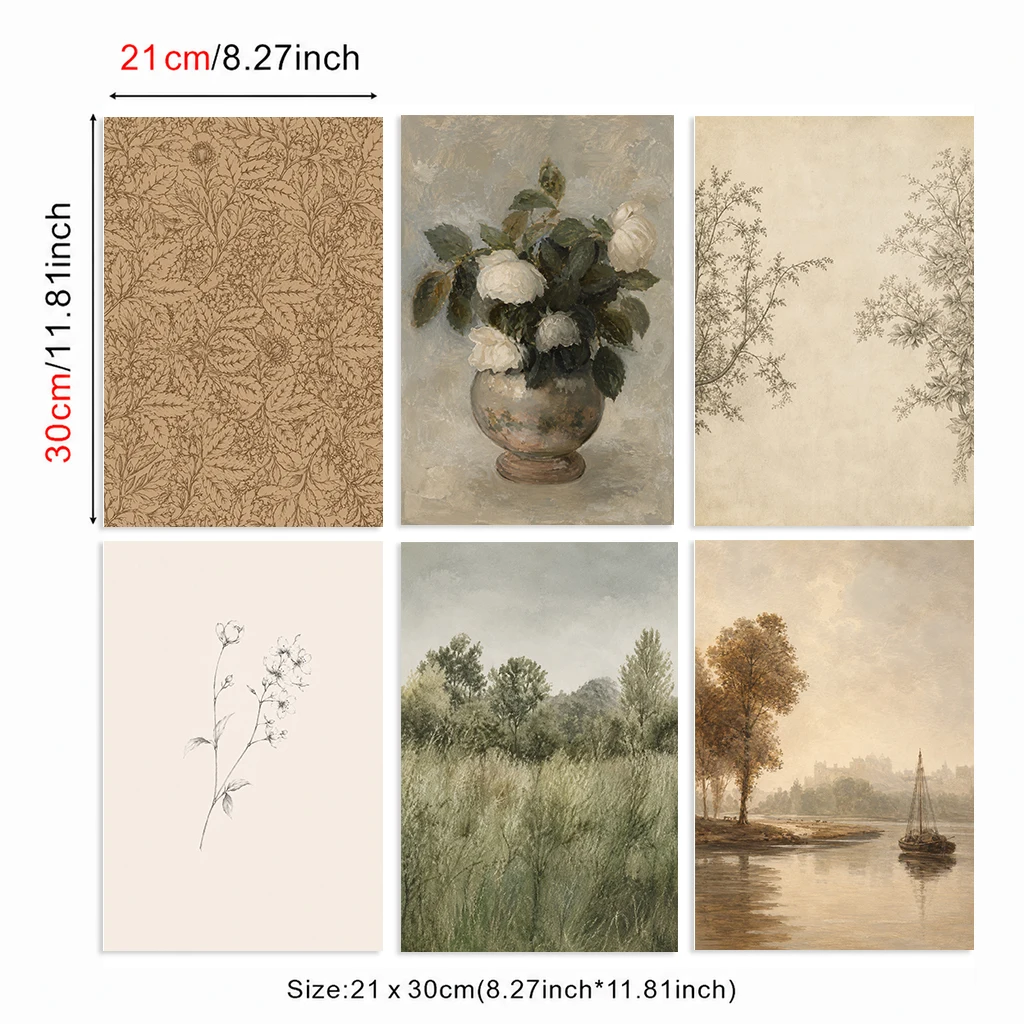Set of 6 Vintage Neutral Canvas Poster Floral Rose Botanical Meadow River Boat Landscape Wall Decor Home Bedroom Living Room
