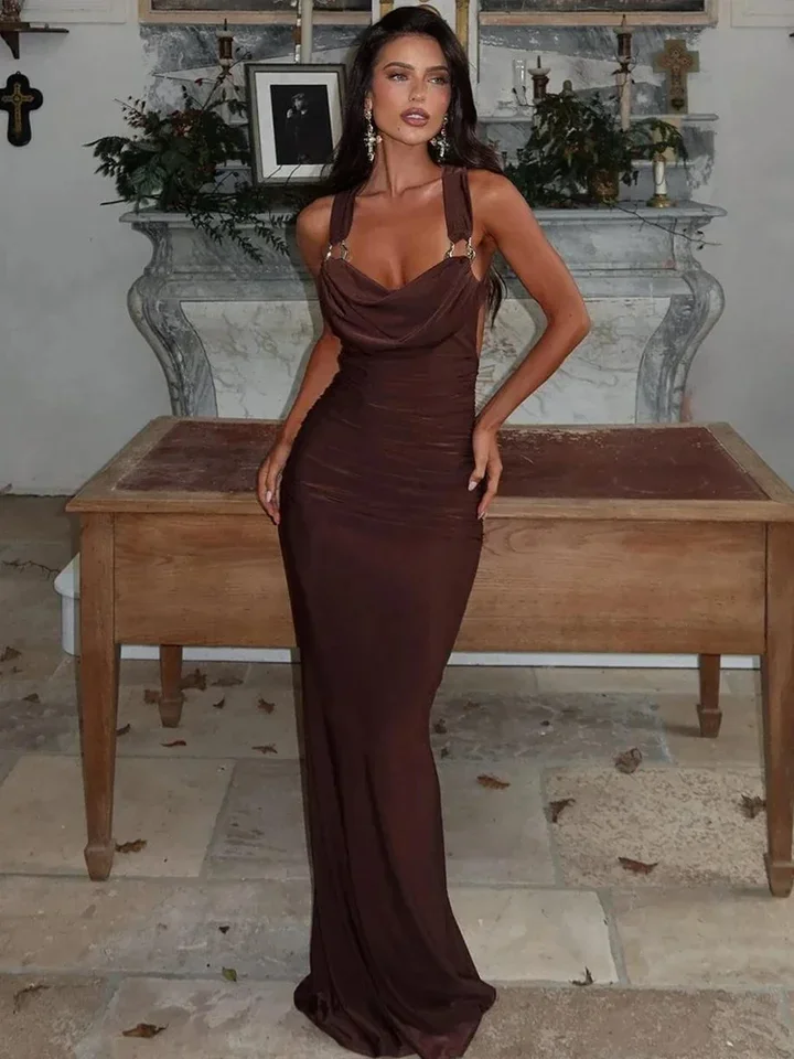 

Vacation Ruched Elegant Dress Women Metal Swing collar Sleeveless Backless Robe Midnight Prom Trend Long Bodycon