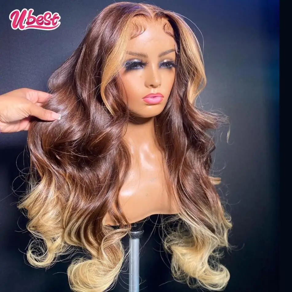 

Brown With Blonde 13x4 Lace Front Human Hair Wigs Body Wave Transparent 13x6 Lace Frontal Wig for Women PrePlucked Brazilian