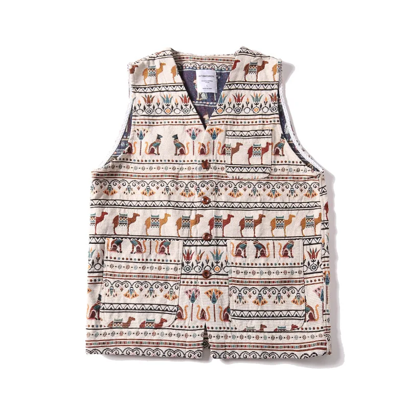 American Vintage Fashion 2024 Autumn Winter Retro Tutankhamun Heavyweight Jacquard Workwear Vest Men Egyptian Pyramids Waistcoat