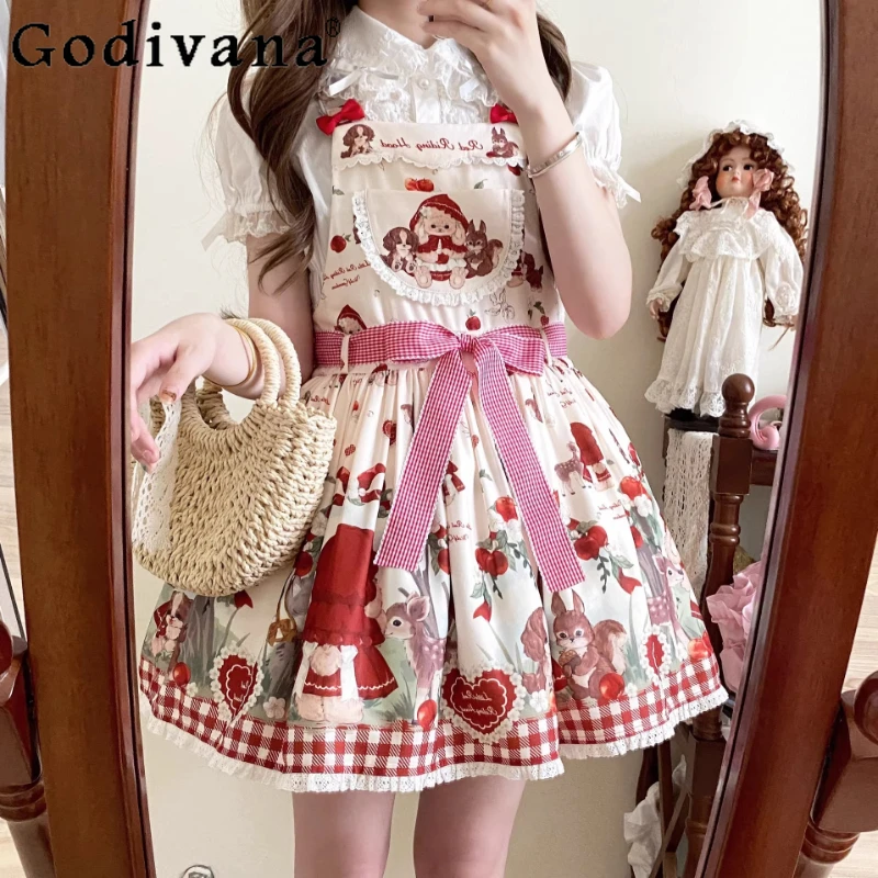 

Оригинальное милое платье в стиле Лолита с бретельками, японское кавайное короткое платье с бантом и принтом, комплект из платья и рубашки для девочек и женщин, лето 2026