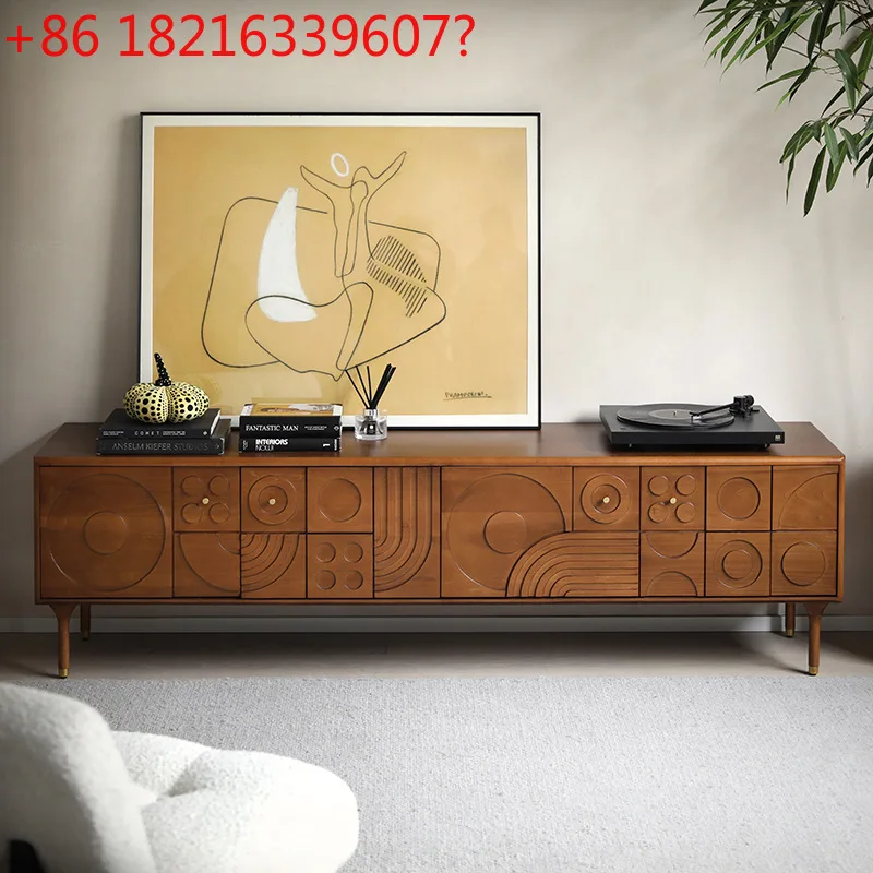 

Nordic medieval retro wind solid wood carving flower four-door TV cabinet