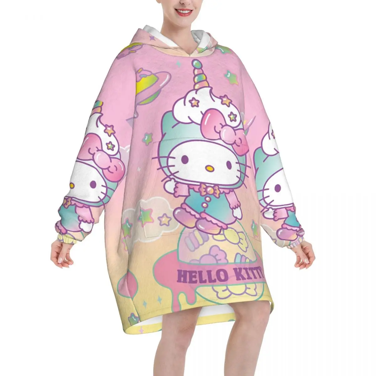 Hello Kitty Cartoon Blanket Hoodie Wearable Blanket Large with Pocket Warm Sleeping Bag Soft Cozy Onesie