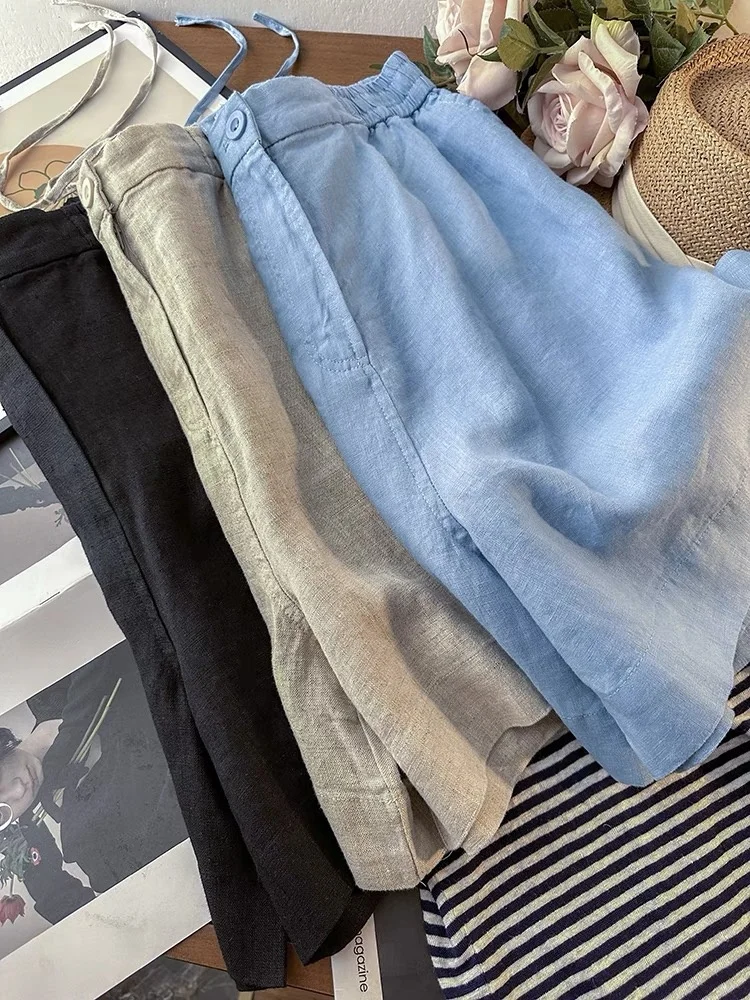 Pantaloni ort di lino di cotone di fascia alta Donna Estate Vita elastica sottile Pantaloni casual a gamba larga a gamba dritta Taglia piccola Lin versatile...