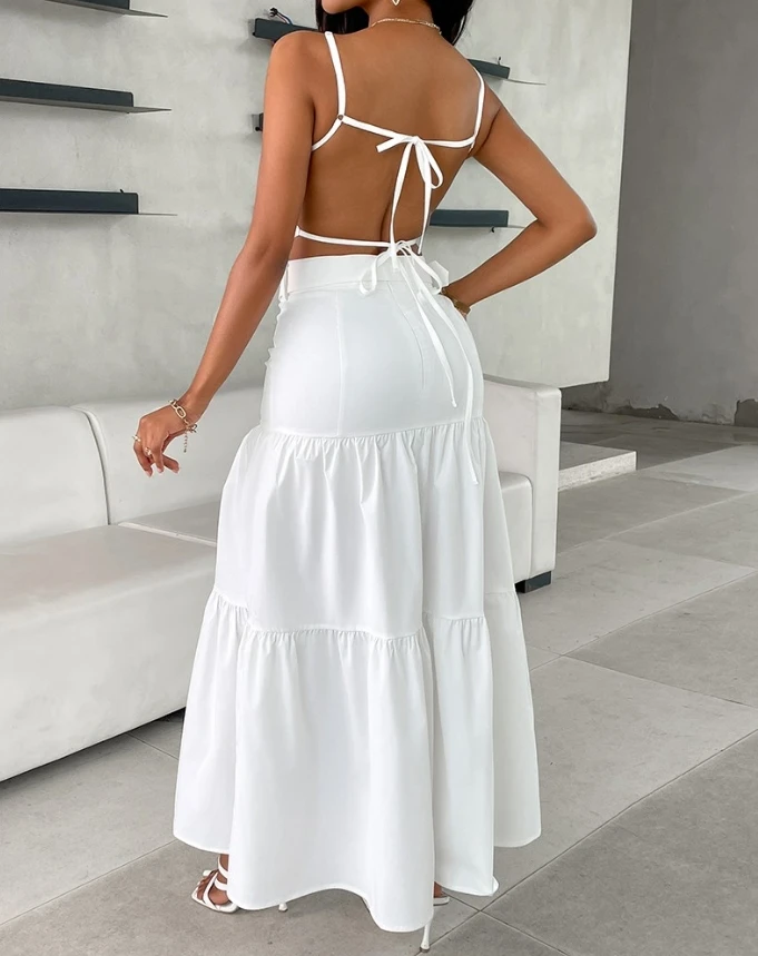 Women's Two Piece Sexy Asymmetrical Neck Spaghetti Strap Hollow Floral Pattern Backless Tied Detail Crop Top and Maxi Skirt Set