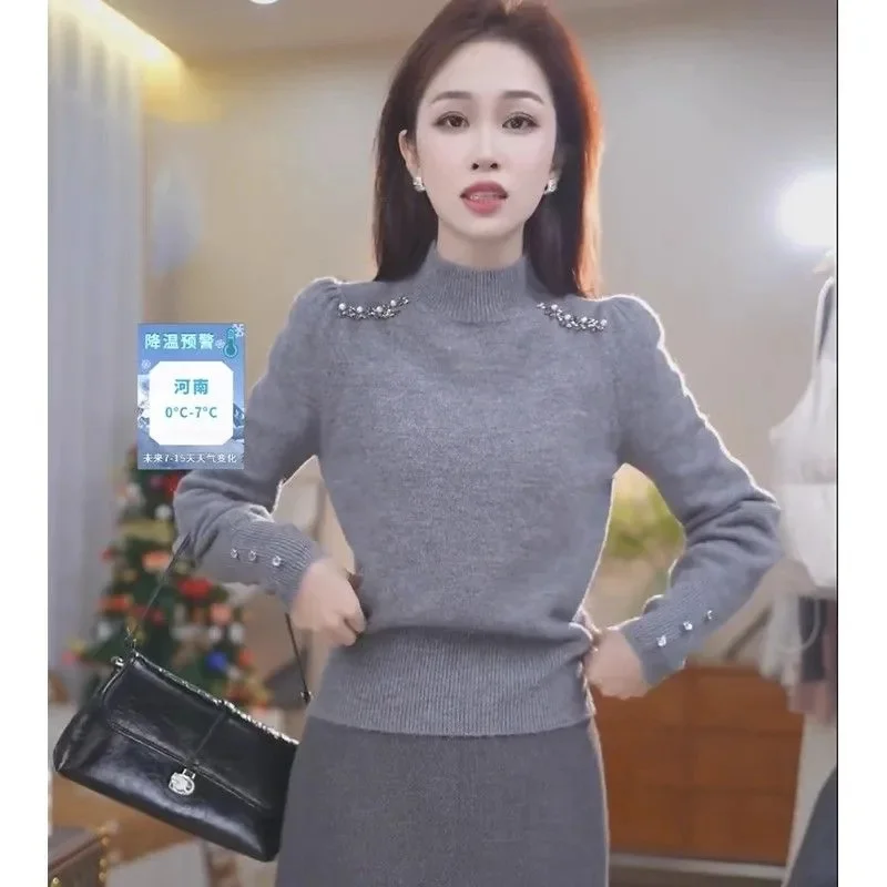 

Серый женский свитер с получерепаховым воротником и длинными рукавами, Джокер 2026, весна и осень, новый продвинутый вязаный топ, теплая нижняя рубашка