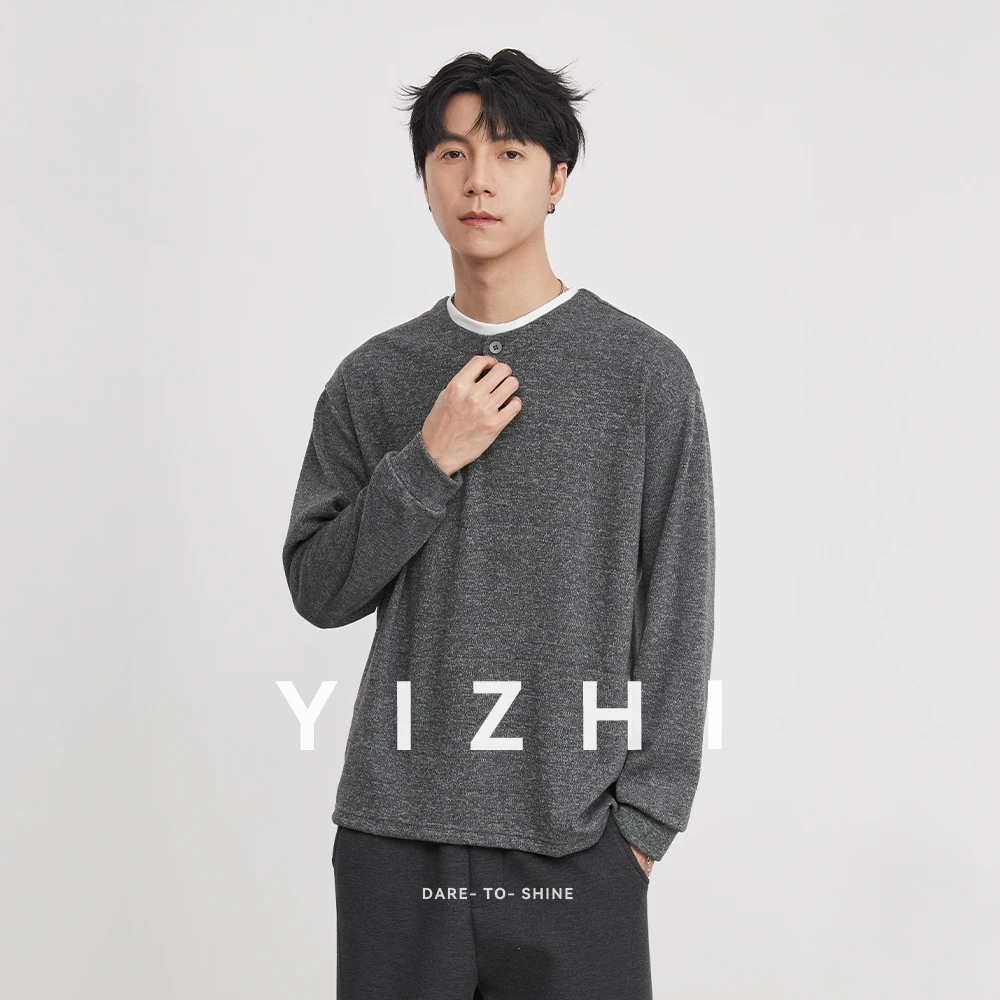 2026 New Spring Men's Single Button Fake Two-Piece T-Shirt Minimalist Henley Neck High-End Sense Drop Shoulder Casual Tops