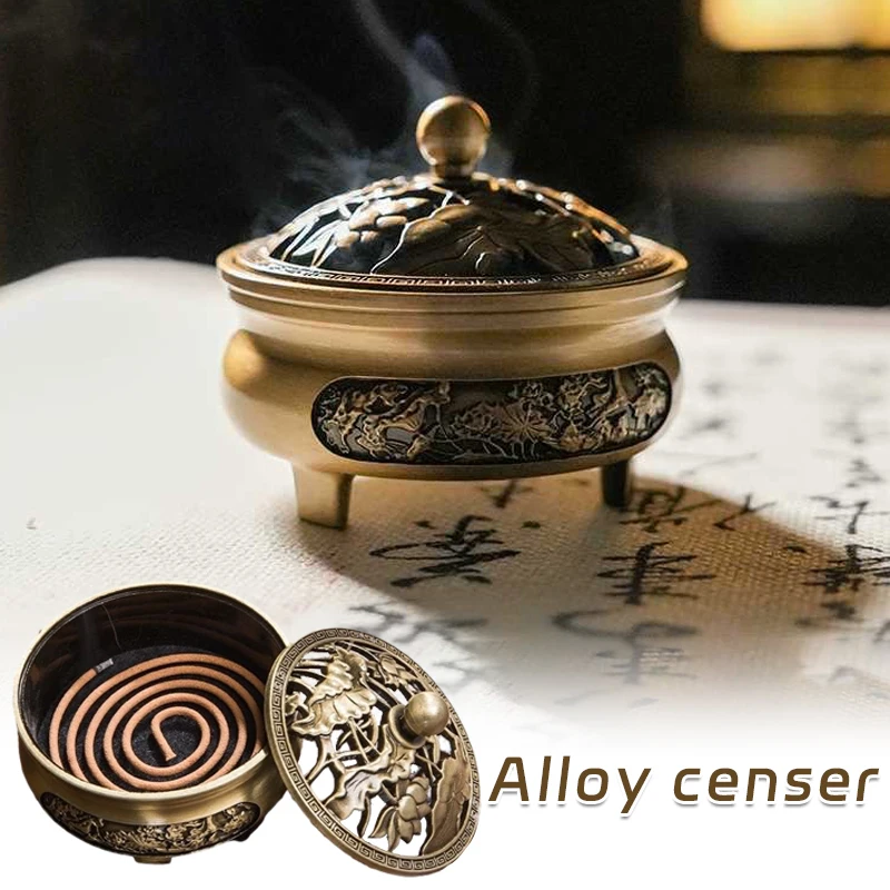 

Dragon And Phoenix Carved Copper Incense Burner Brass Incense Holder With Cover Sandalwood Round Censer Home Decor Pendant