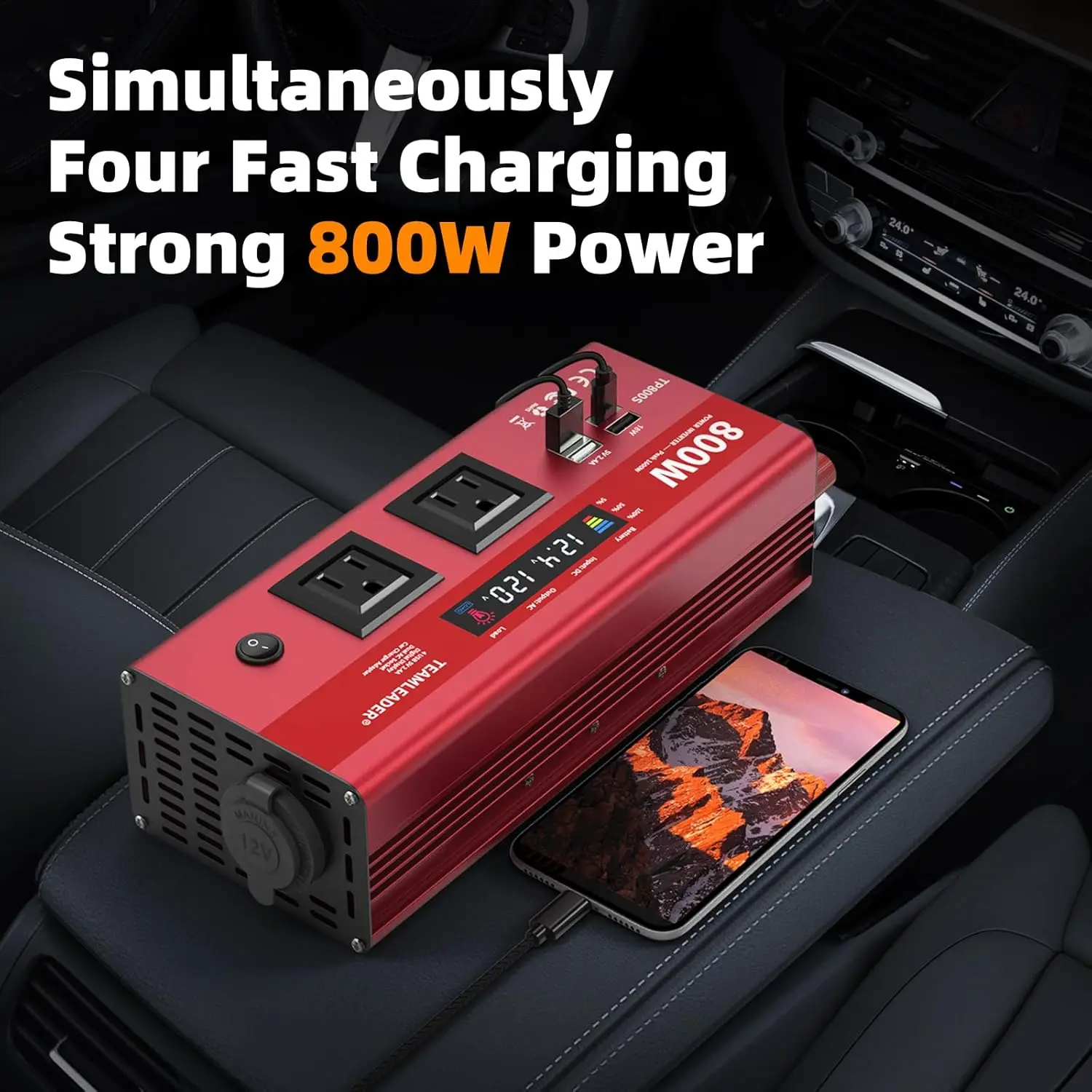 800W Power Inverter 12V DC to 110V AC for Car, Converter with Dual AC Power Outlets, Four USB Ports and Thicken Cables