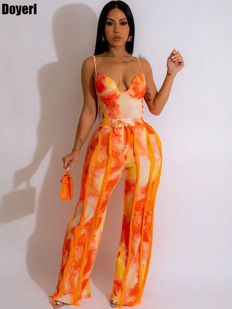 Tie Dye Printing Two Piece Set for Women Pant Sets Birthday Outfits Clubwear Bodysuit Top and Fringe Tassel Pants Matching Sets