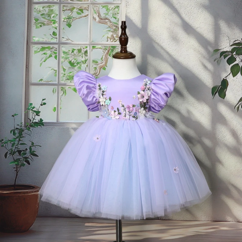 

2026 New Kids Gown Princess Bubble Sleeves Children Girls Printed Tulle Dress Piano Performance Puffy Skirt Formal Party Costume