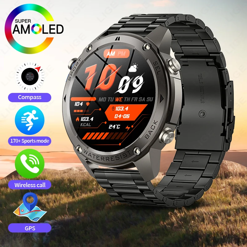 

LIGE 5ATM Waterproof New GPS Compass Heart Rate Smart Watch 2025 AMOLED Screen Outdoor Sports Fitness Tracker Smartwatch Men