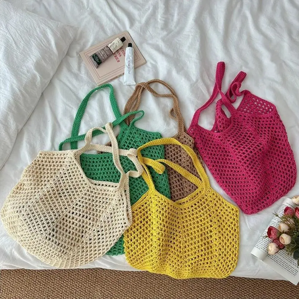 

Сплошная вязаная сумка на плечо, большая вместительная богемная вязаная крючком сумка-тоут, универсальная повседневная тканая сумка для отдыха