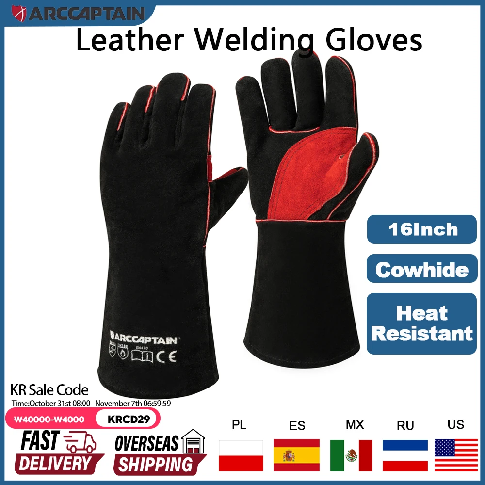 

Welding Gloves For Welder Works with Black Palm Welders Thick Cow Split Leather Kitchen Stove Heat Puncture Resistant BBQ Glove