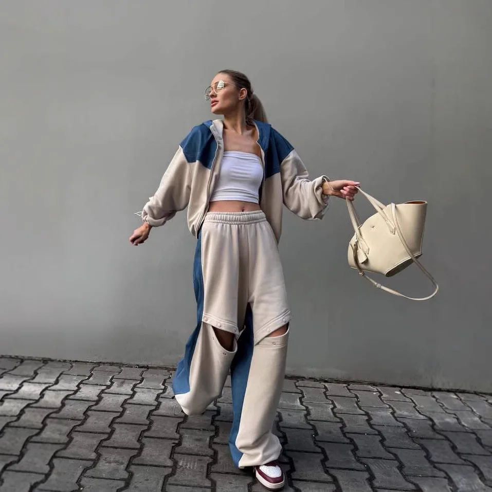 Women High Street Design Patchwork Hoodie Zip Up Drawstring Ripped Pants 2 Piece Set