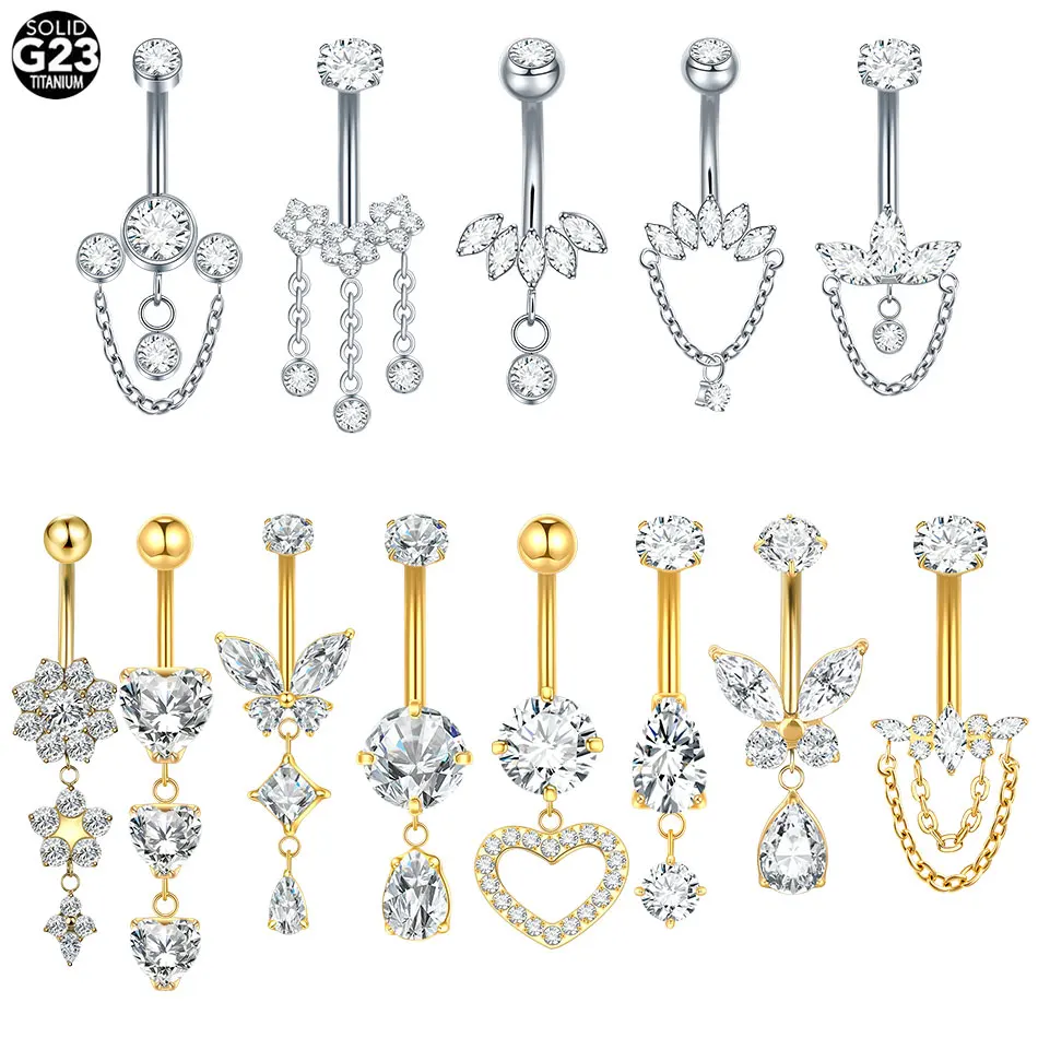 5Pcs Titanium CZ Zircon Flower Dangle Belly Button Ring 14G Body Jewelry Decoration Internally Threaded Navel Ombligo Piercing