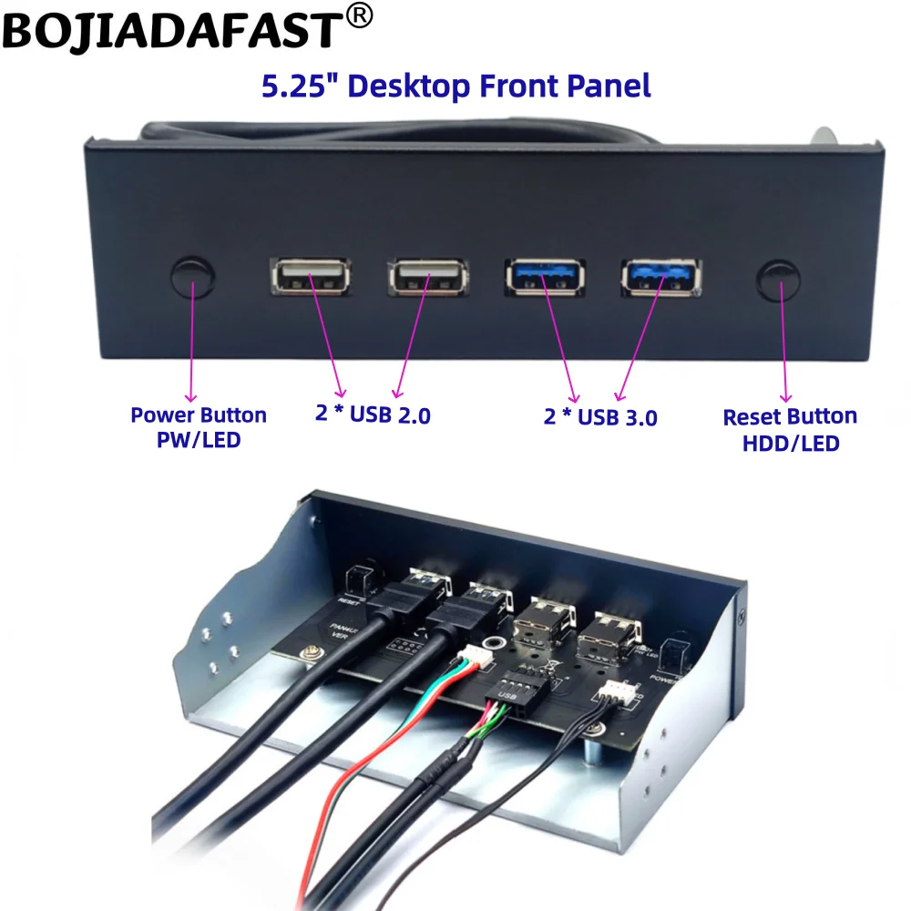 

5,25-дюймовая передняя панель для дискового привода с двумя разъемами USB 3.0 Type-A + 2 разъемами USB 2.0 + кнопками Power и Reset для корпуса ПК