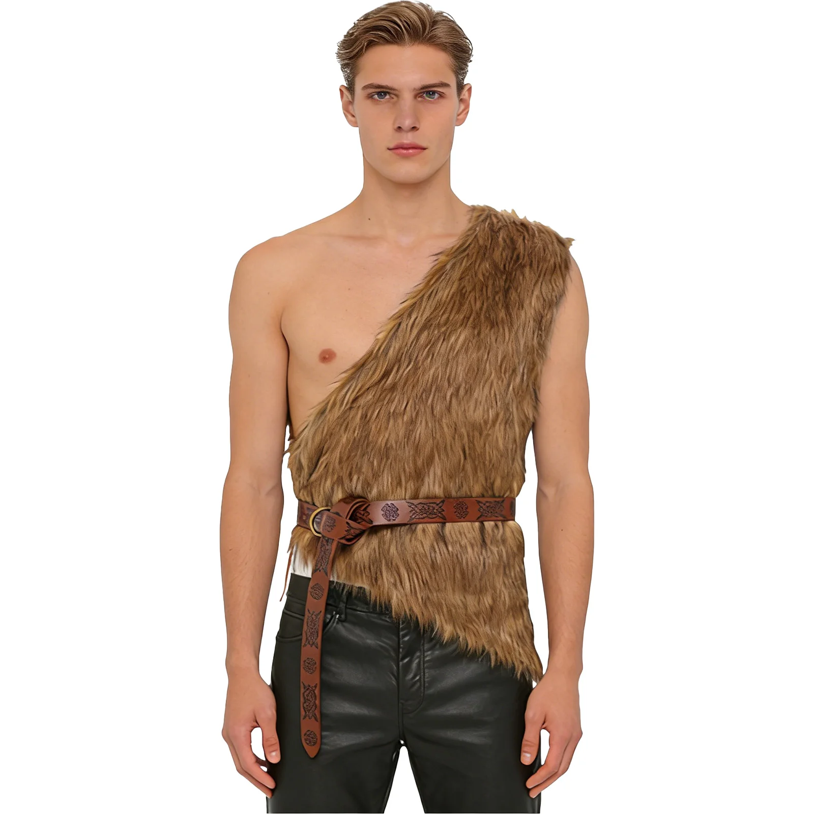 Chaleco Unisex para Adultos, Forrado Completamente con Piel Sintética, con Cinturón de Cuero Sintético con Grabado Vintage, para Disfraces de Hombre Primitivo, Vikingo, Caballero