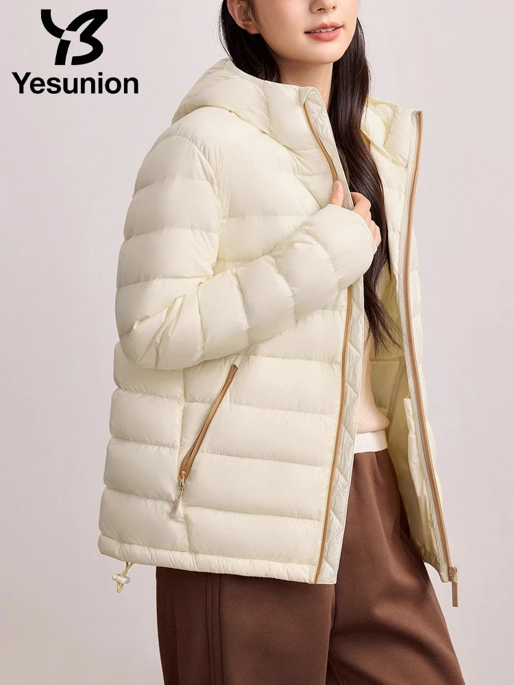 YESUNION Ultraleichte Daunenjacke für Damen, 90 % weiße Entendaunen, elegante, altersreduzierende, einfache, modische, warme Kapuzen-Pufferjacke, Unisex