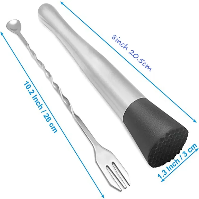 8 Inch Cocktail Muddler and Mixing Spoon, Stainless Steel Cocktail Muddler Home Bar Bartender Tool Barware Set