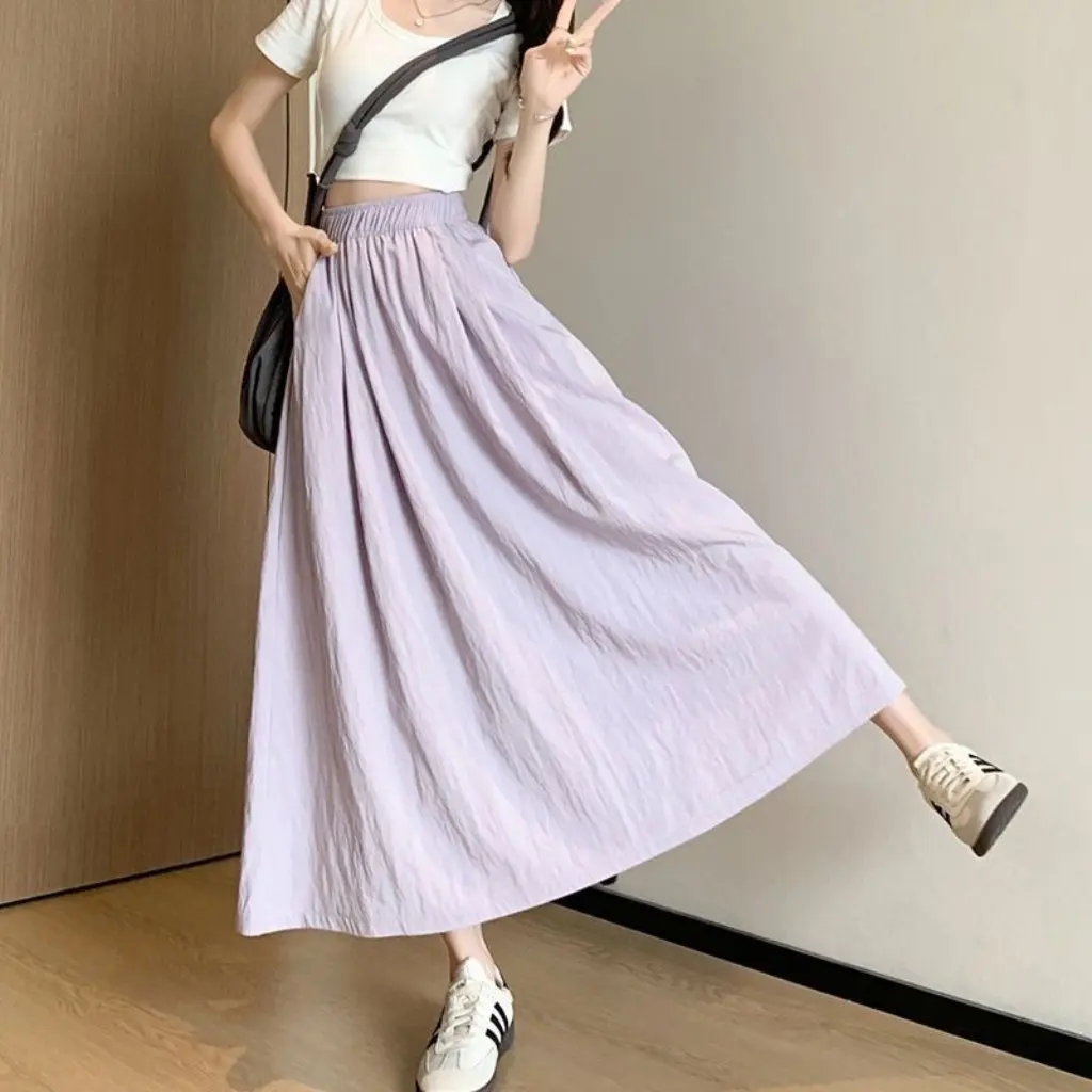 

Women's Solid Color High Waist A-Line Pleated Skirt Elastic Casual Long Skirt Elegant Trendy Summer New