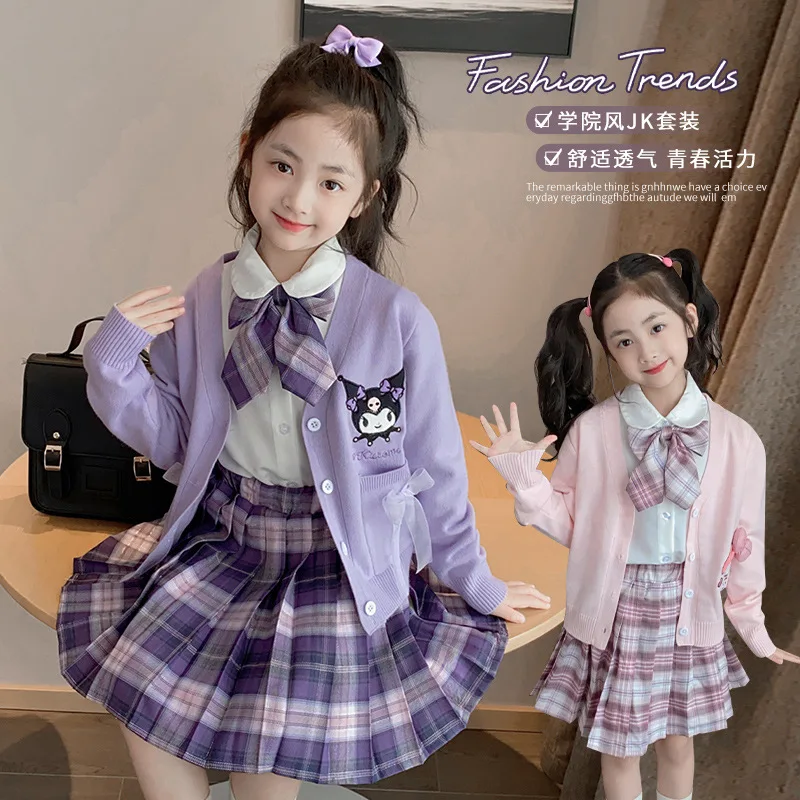 

Kuromi 3Pcs Children Jk Plaid Skirt Set Anime Y2K Cartoon Cardigan Bow Tie Pleated Skirt Kids Spring Autumn College Style Set
