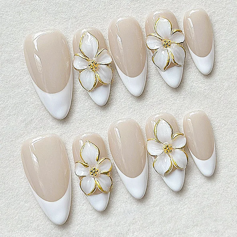 

24PCS Nude White Fake Nails Simple French Almond Press on Nails 3D Gold Edge Flower Decor Elegant Bridal Style Reusable Manicure
