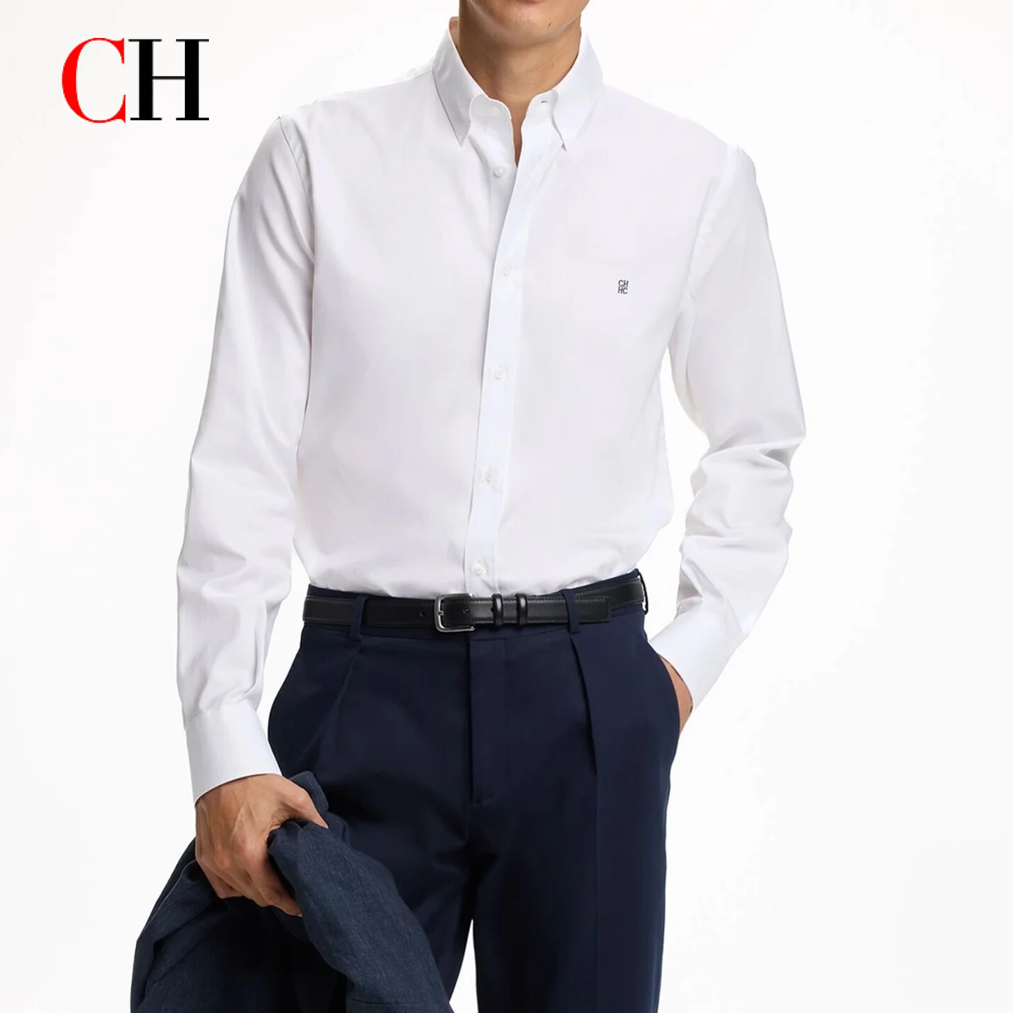 Camisa de Vestir de Manga Larga para Hombre, Corte Entallado, Color Sólido, Estilo Casual de Negocios, con Botones y Logotipo Bordado, para Trabajo Formal