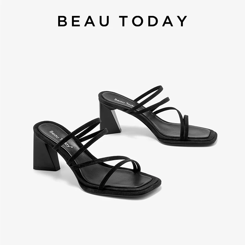 BEAUTODAY Fashion Sandals Women Genuine Cow Leather Slip-on Chunky Heels Square Toe Summer Ladies Shoes Handmade 35121