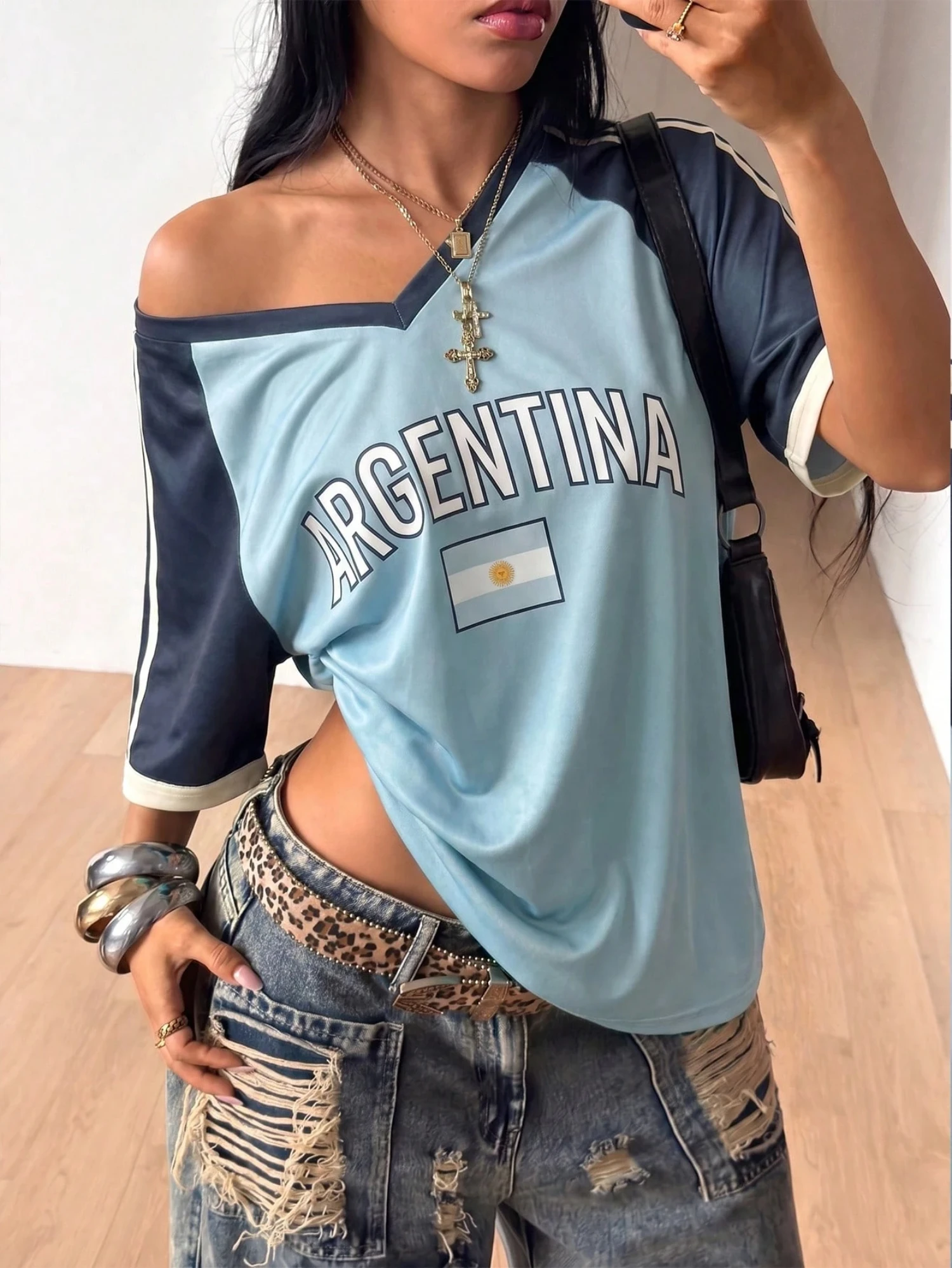 Women's Summer Argentina Letter Print T-Shirt Short Sleeve Loose Jersey Street Trendy Bar Hangout Daily Casual Fashion Tee