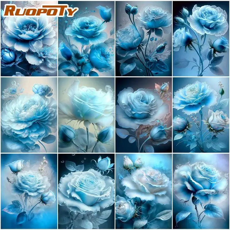 RUOPOTY-pintura al óleo por número, dibujo de rosa azul sobre lienzo, pinturas decorativas, artesanía de flores, arte de artesanía