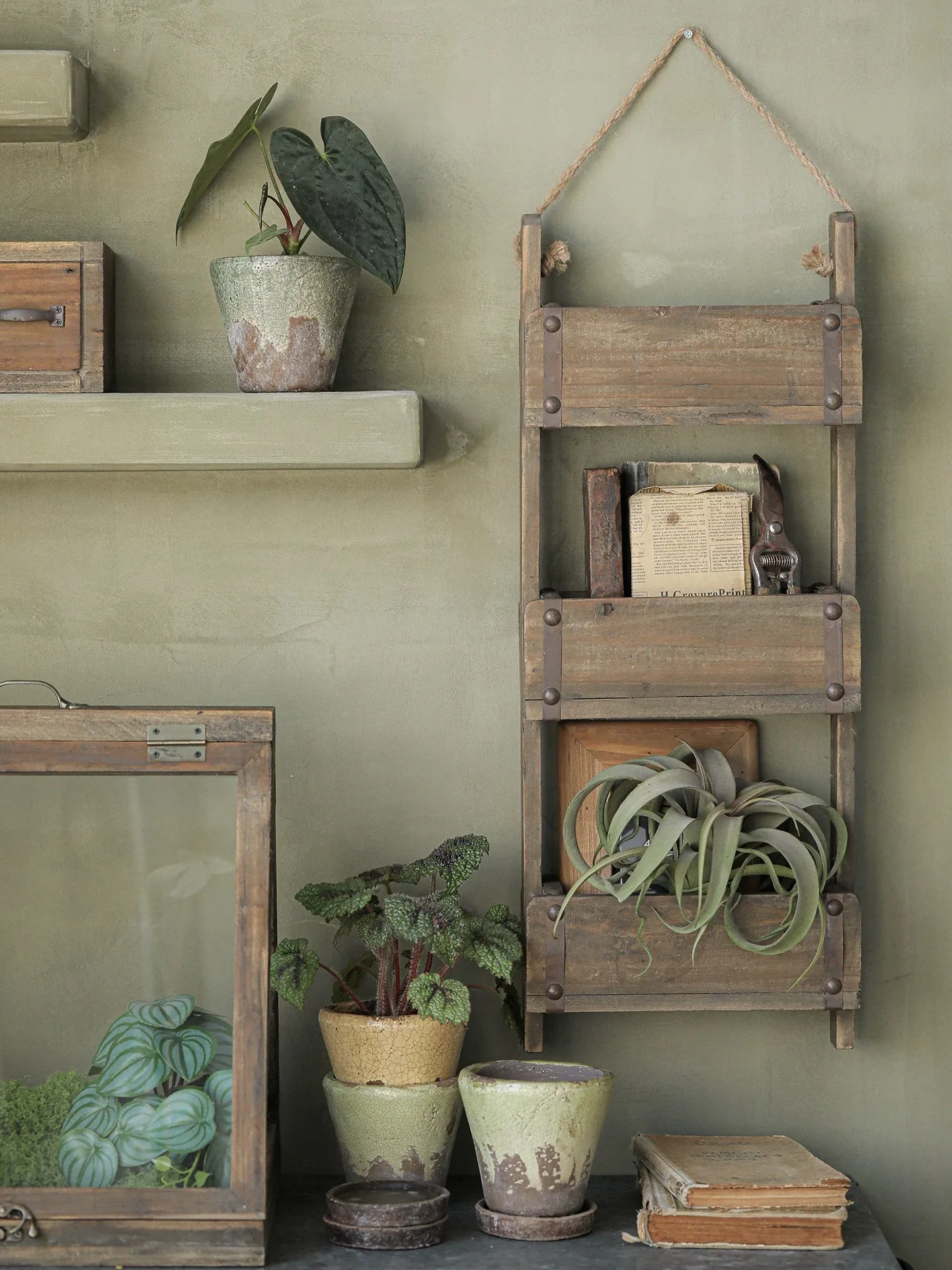 

Rustic Wood Wall Mounted Storage Organizer with 3 Tiers, Dark Brown, 76cm Height, Hanging Rope Design