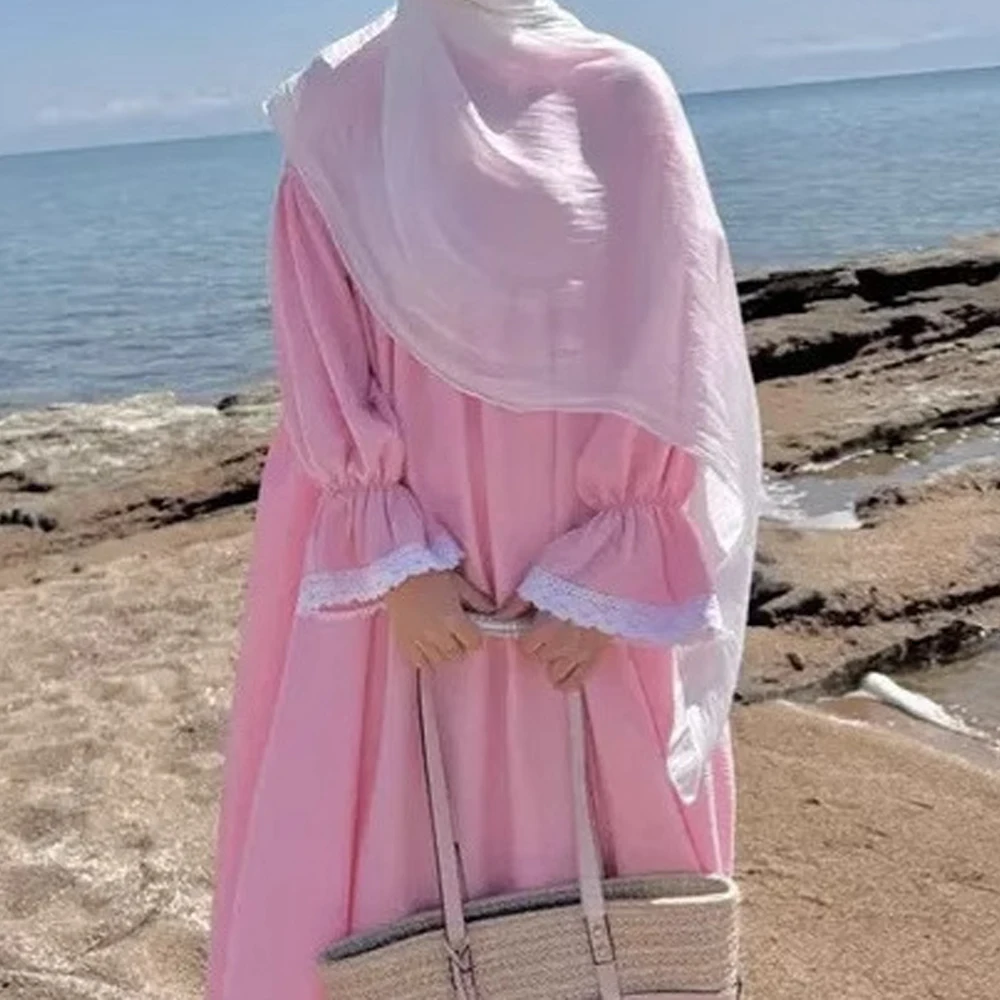 

Ramadan Muslim Women Lace Prayer Dress Eid Jalabiya Kebaya Dubai Abaya Turkey Kaftan Islam Clothing Arabic Robe Prayer Garment