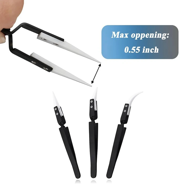 3Pcs Precision Ceramic Reverse Tweezers, Straight & Curved Tips Tweezers Set, Stainless Steel Tweezers