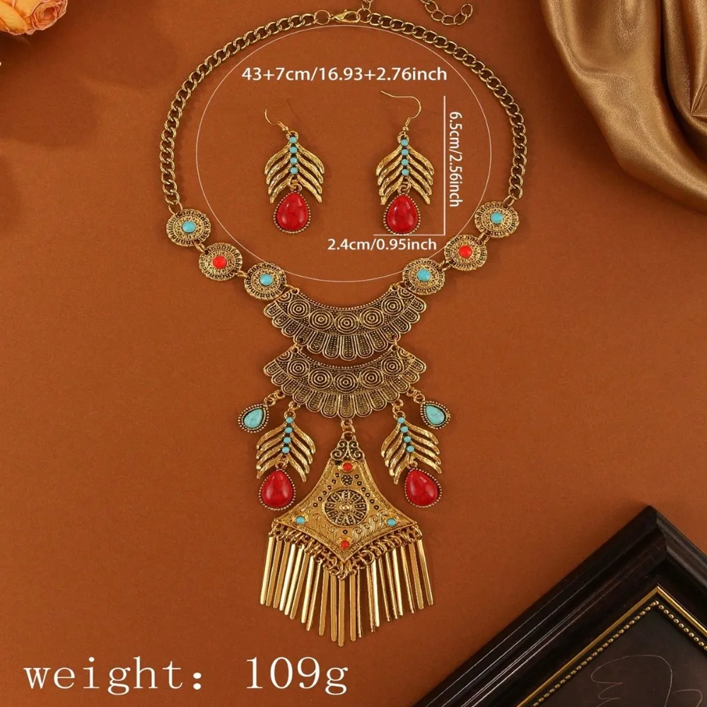 

Imitation Turquoise Long Tassels Necklace Earrings Vintage Exquisite Ethnic Style Jewelry Set Exaggerated Bohemia Neck Jewelry