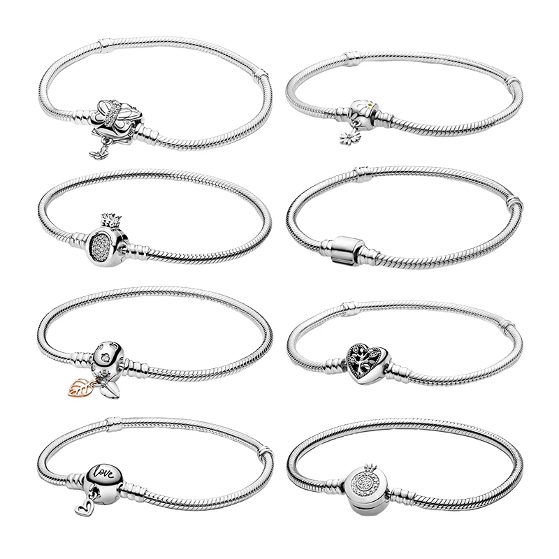 

925 Sterling Silver Wrist Charm Bracelets For Women Jewelry Snake Chain Butterfly Crown Leaf Family Tree Love Heart Flower Clasp