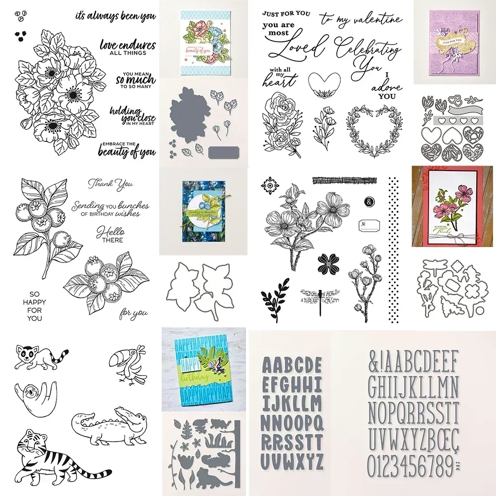 

Adoring Hearts Enduring Beauty Stamps Set Blueberry Bunches Clear Stamps and Dies for DIY Scrapbooking Album Card Making Crafts