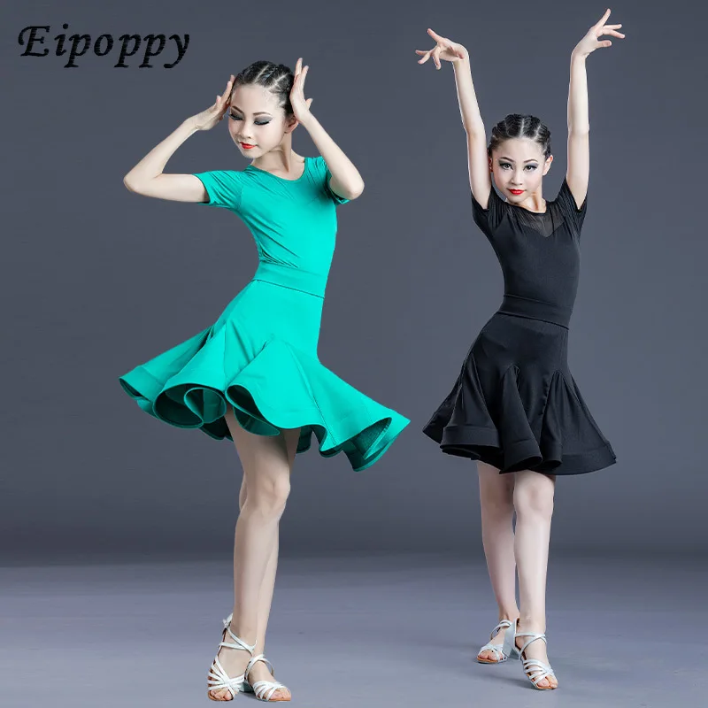 ชุดเต้นรำละตินแขนยาวสำหรับเด็กผู้หญิงชุดแข่งขัน