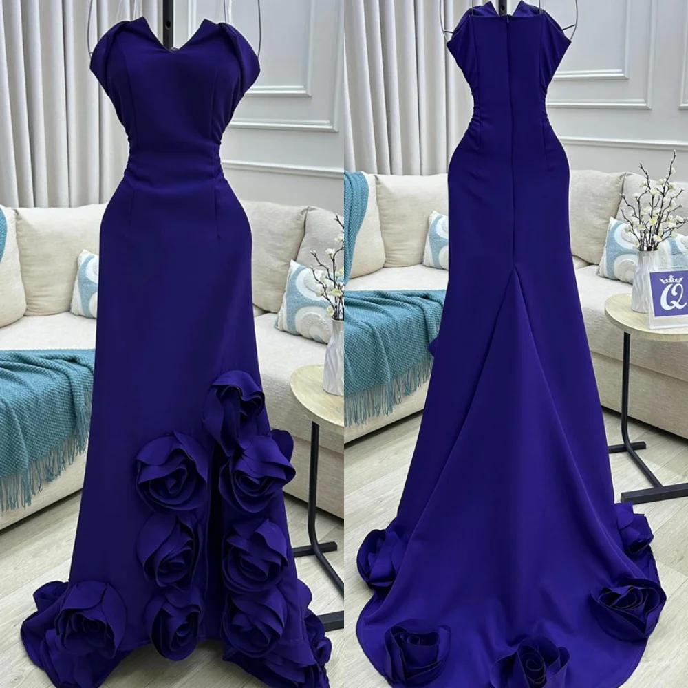 

Customized Delicate Blue Jersey Evening Dress Classic Strapless Zipper Back Flowers Mermaid Side Slit Special Occasion Gowns