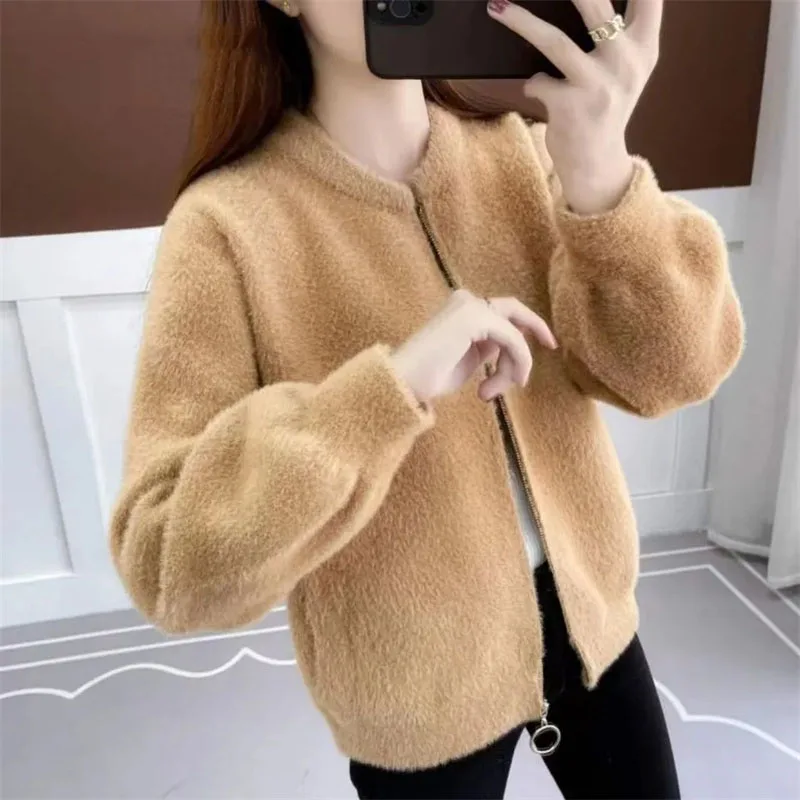 Outono inverno senhoras em torno do pescoço camisola jaqueta feminina imitação de pele de vison outwear coreano feminino curto espessamento malha cardigan