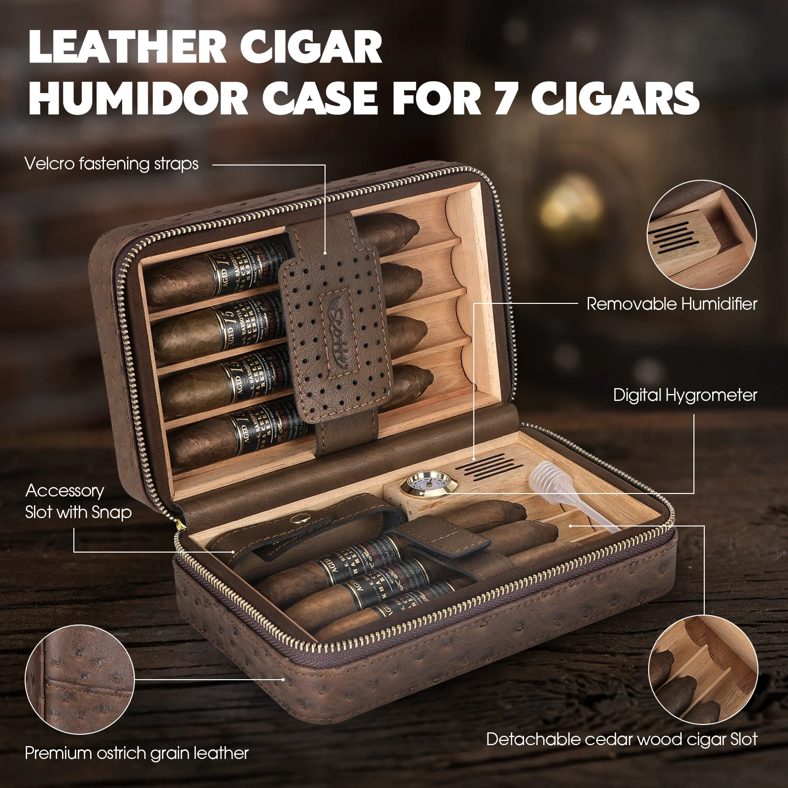 Scotte Cigar Humidor Box Cigar Lighter Cedar Wood Lined Leather Cigar Case Built in Hygrometer Humidifier with Cigar Holder Kit