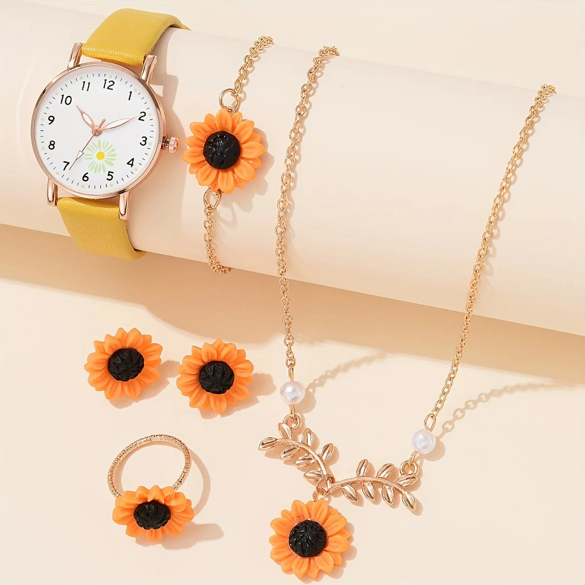 6pcs/set Cute Daisy Flower Quartz Watch and Jewelry Set for Women - Perfect Gift for Girls and Her